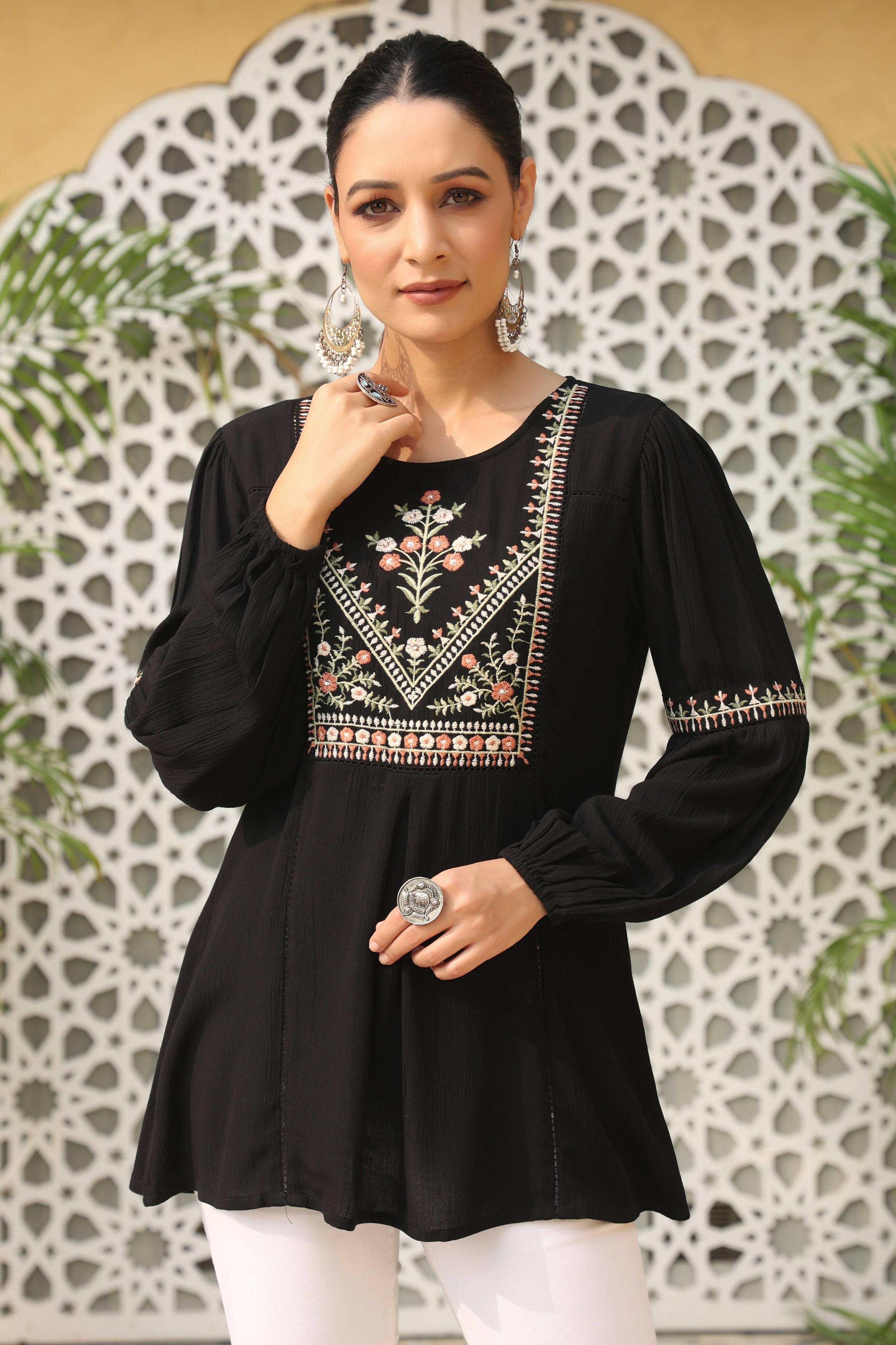 Juniper Women's Black Rayon Crepe Solid With Embroidery Straight Tunic - Distacart