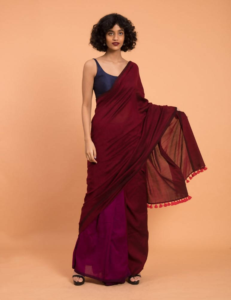 Suta Purple Maroon Colourblocked Cotton Acrylic Saree - Distacart