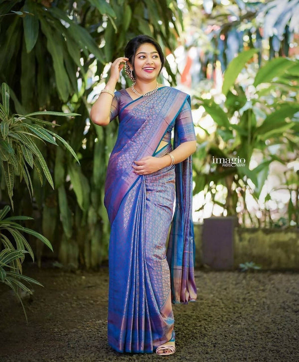 DEIANA'S Beautiful Golden Jari with New Design Soft Lichi Silk Saree - Blue - Distacart