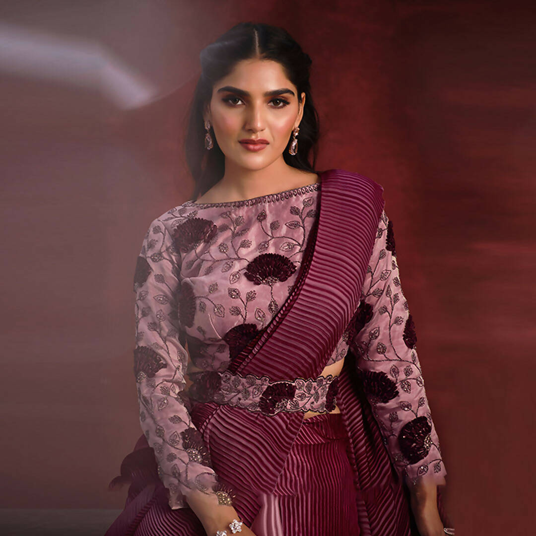 Peach Crepe Satin Silk Sequence Thread & Stone Work/ Texture Pallu Saree - Mohmanthan Kimiya - Distacart