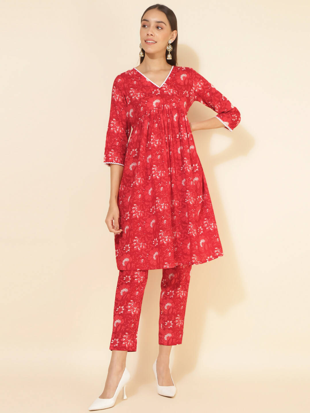 Janasya Women's Red Cotton Floral Printed Casual Flared Co-ords - Distacart