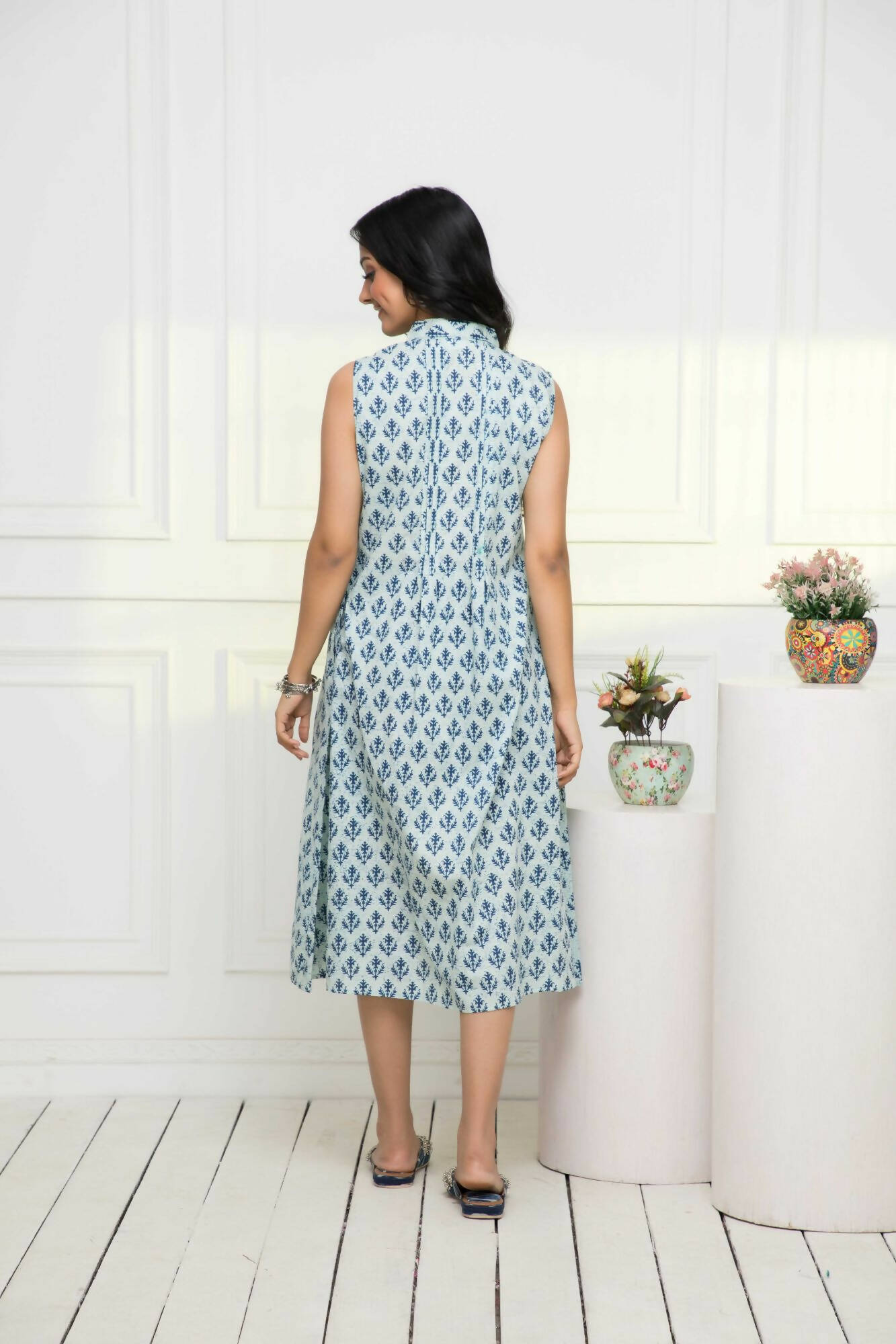 Myshka Women Blue Ethnic Motifs Cotton A-Line Mandarin Collar Dress - Distacart