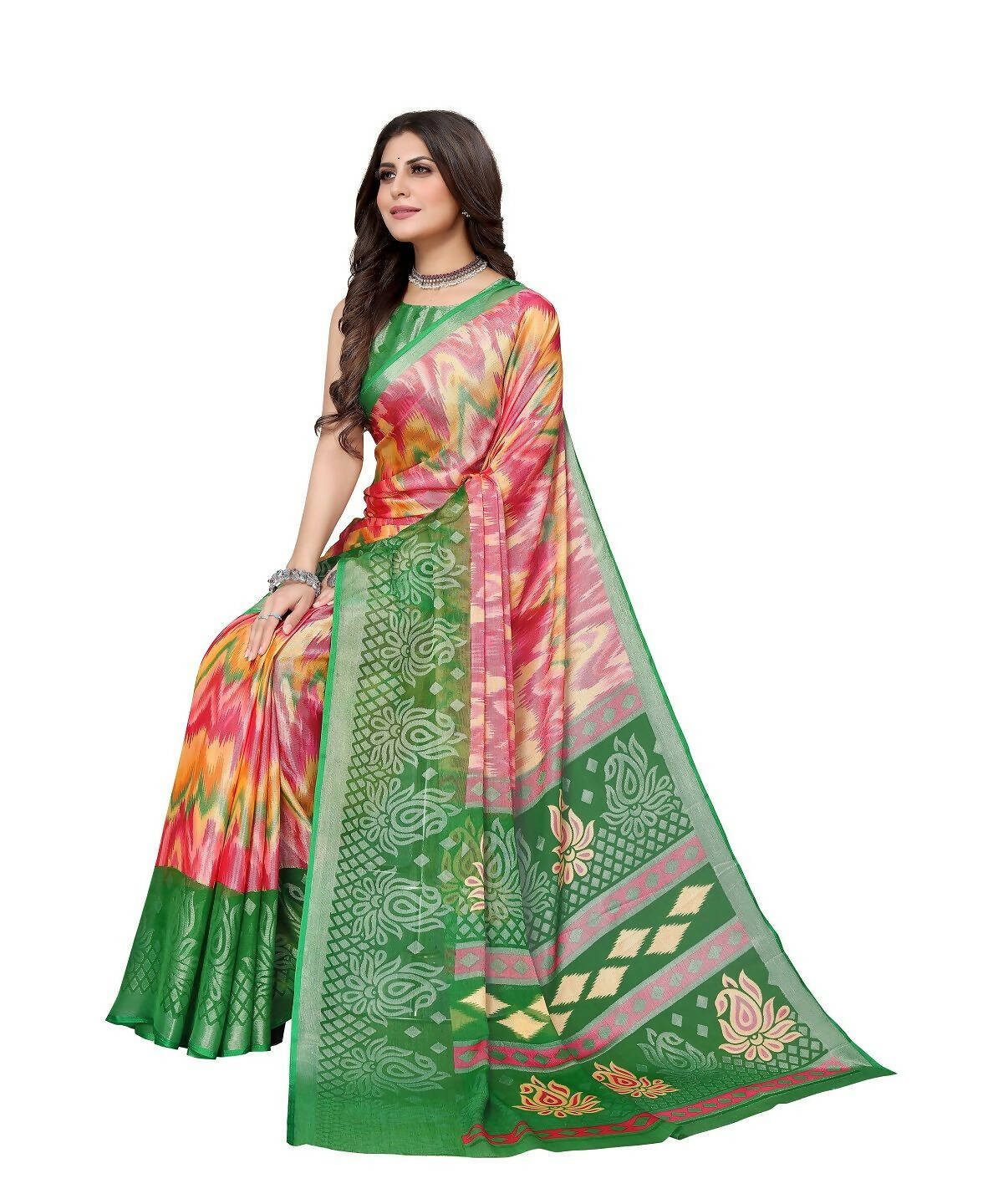 Vamika Pink Chiffon Brasso Bollywood Style Woven Saree (KARUNA GREEN) - Distacart