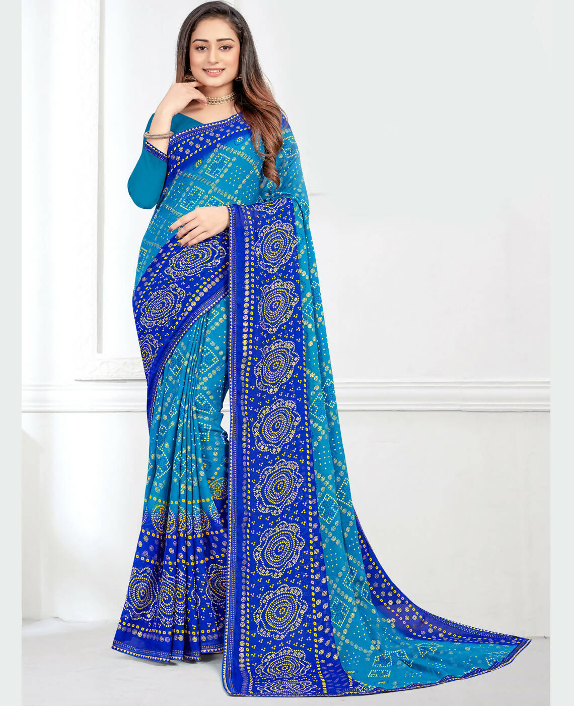 Sky Blue Georgette Bandhani Printed Saree With Unstitched Blouse Piece - Jyoti - Distacart