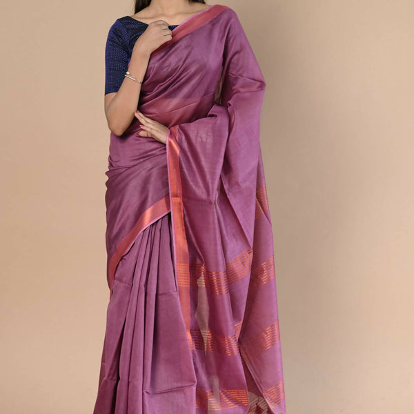 Very Much Indian Handloom Cotton Silk Maheshwari Saree With Sleek Golden Border - Maroon - Distacart