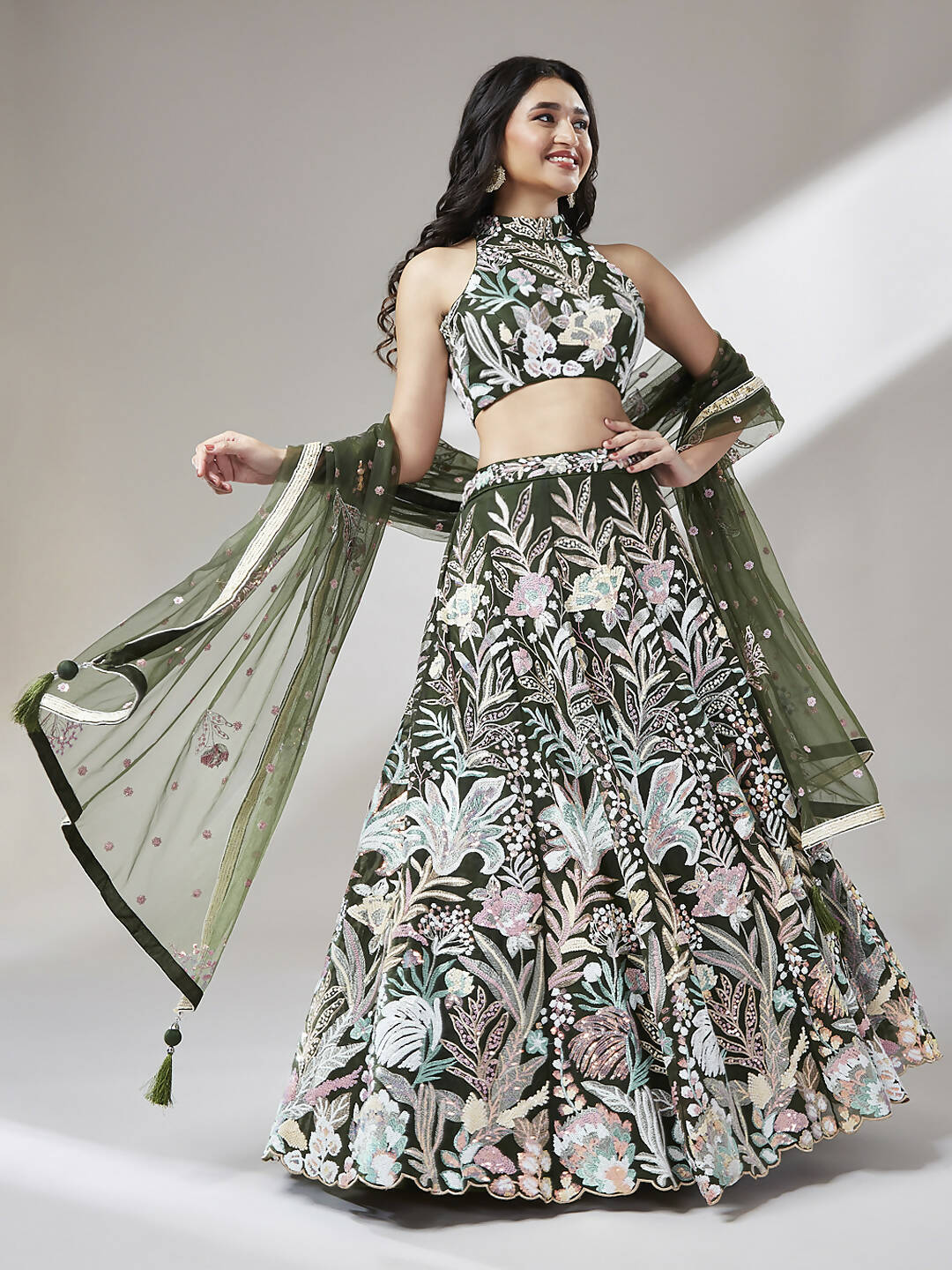 House of Panchhi Olive Net Sequinse Work Lehenga & Blouse with Dupatta - Distacart