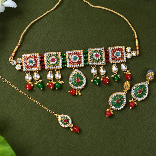 Mominos Fashion Johar Kamal Gold-Plated Brass Finish Meena & Pearls Work Choker For Women - Distacart