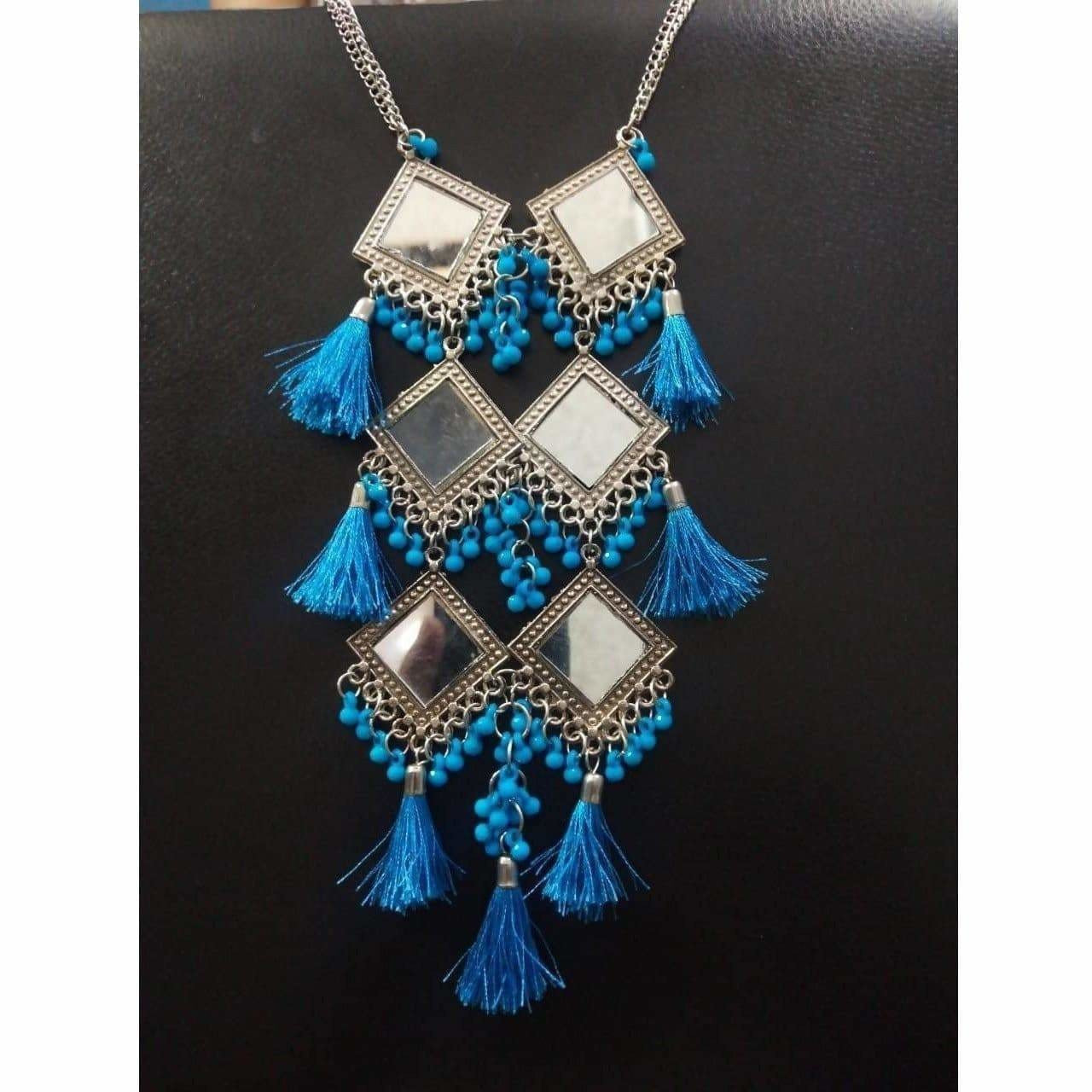 Long Hanging Party wear Triple Mirror Design Blue Color Pearls And Silk Threads Earrings