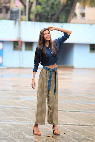 Jompers Women Olive Green & Black Striped Straight Palazzos - Distacart