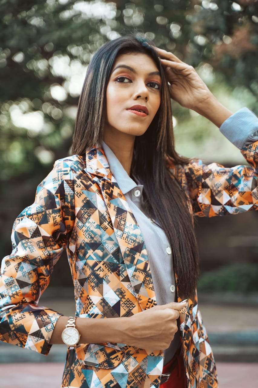 Jompers Women Mustard Yellow & Grey Satin Finish Printed Single-Breasted Blazer - Distacart