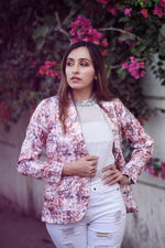Thumbnail for Jompers Women Peach-Coloured & Grey Satin Printed Single-Breasted Casual Blazer - Distacart