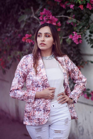 Jompers Women Peach-Coloured & Grey Satin Printed Single-Breasted Casual Blazer - Distacart