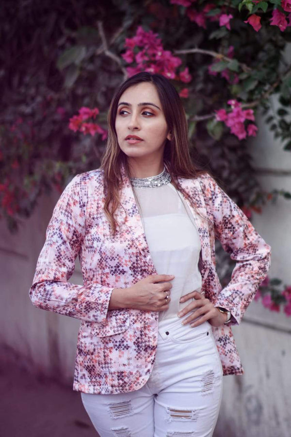Jompers Women Peach-Coloured & Grey Satin Printed Single-Breasted Casual Blazer - Distacart
