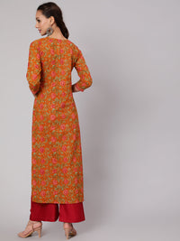 Thumbnail for NOZ2TOZ Women Mustard Floral Printed Straight Kurta With Three Quarter Sleeves - Distacart