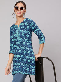 Thumbnail for NOZ2TOZ Women Blue Floral Printed Straight Tunic With Three Quarter Sleeves - Distacart