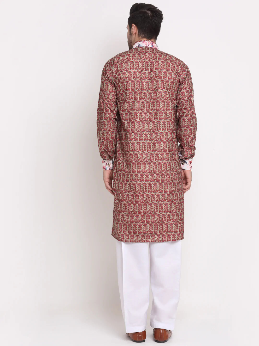 Kalyum Men's Maroon & Beige Printed Kurta with White Pyjamas Set - Distacart