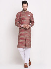 Thumbnail for Kalyum Men's Maroon & Beige Printed Kurta with White Pyjamas Set - Distacart