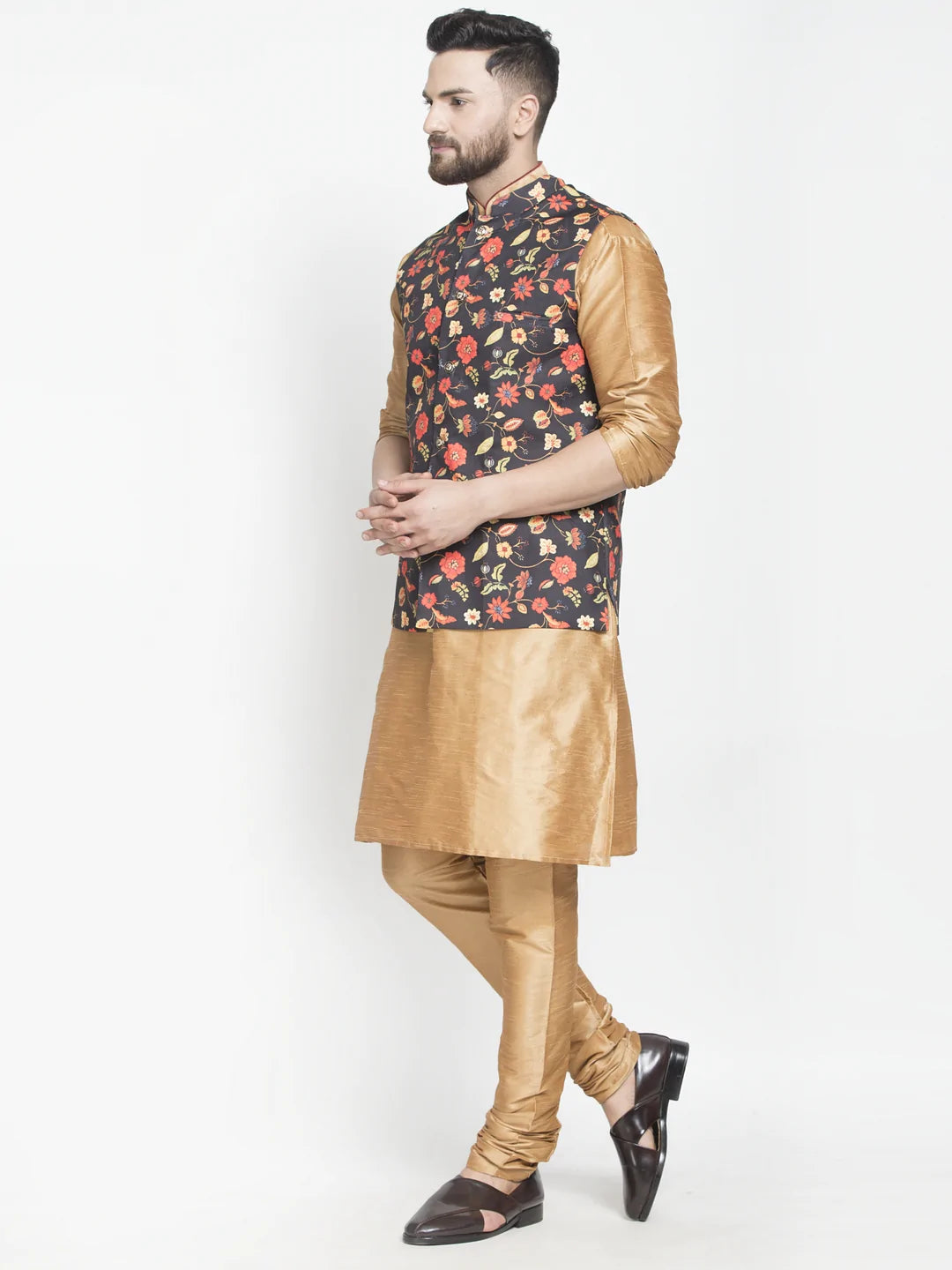 Kalyum Men's Silk Blend Copper Kurta With Pyjama & Black Printed Nehru Jacket - Distacart
