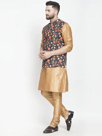 Thumbnail for Kalyum Men's Silk Blend Copper Kurta With Pyjama & Black Printed Nehru Jacket - Distacart