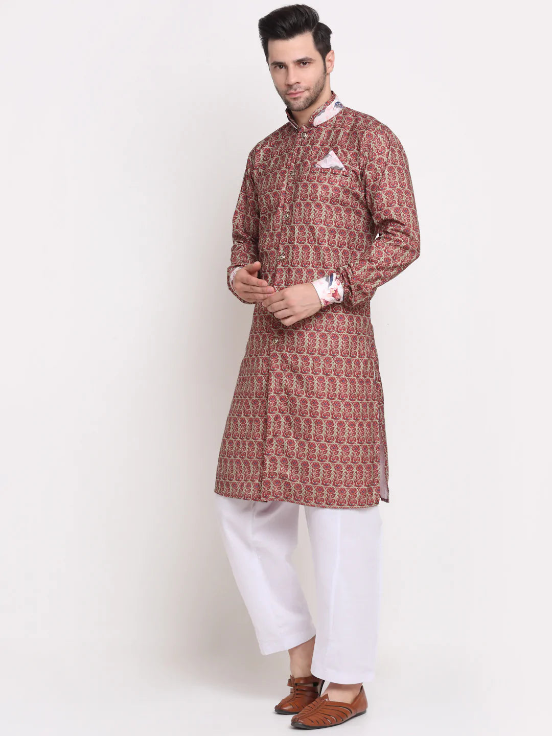Kalyum Men's Maroon & Beige Printed Kurta with White Pyjamas Set - Distacart