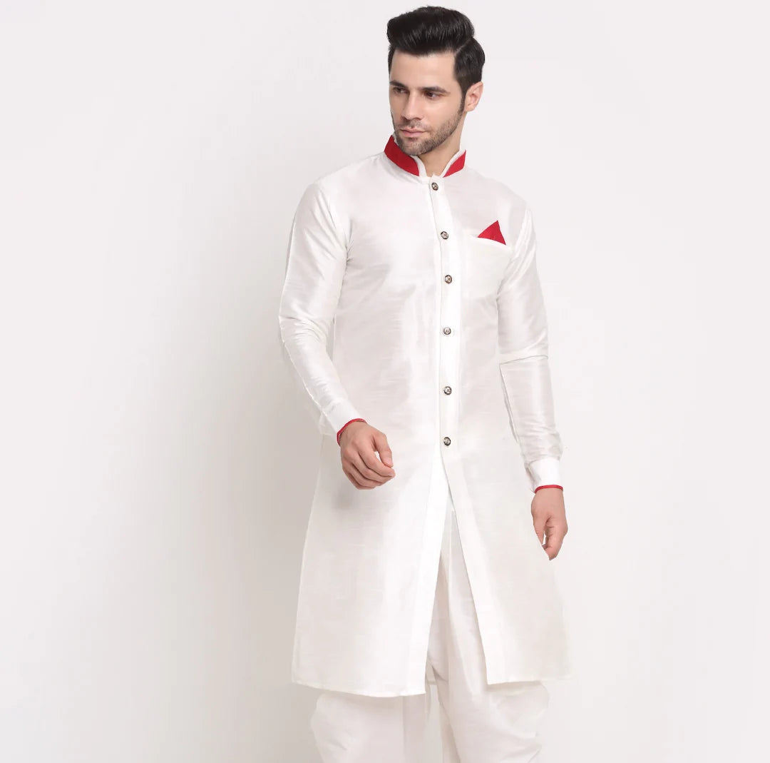 Kalyum Men's Silk Blend White Solid Straight Kurta - Distacart
