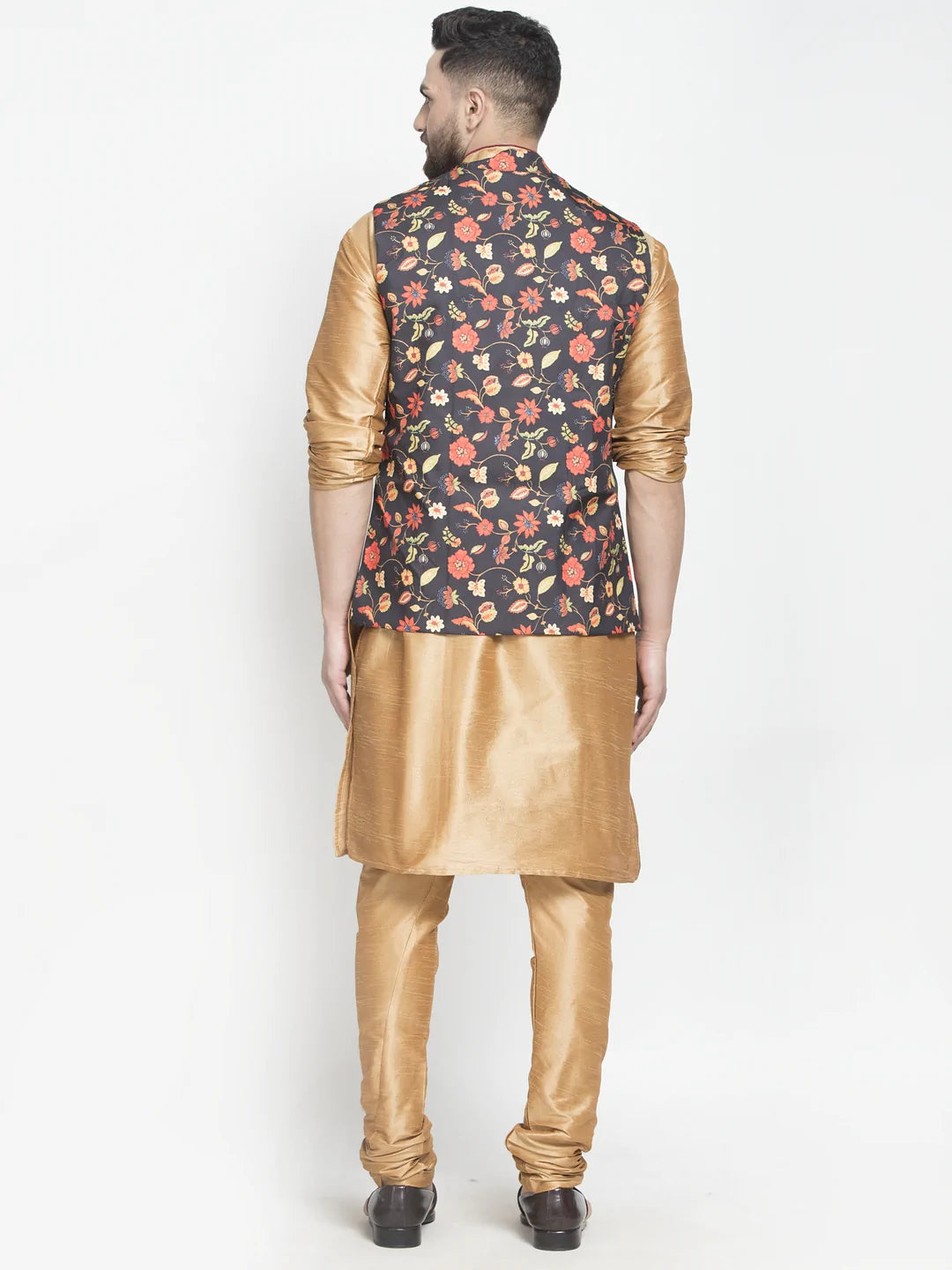 Kalyum Men's Silk Blend Copper Kurta With Pyjama & Black Printed Nehru Jacket - Distacart