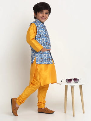 Kalyum Yellow Solid Kurta With Pyjama & Indgo Blue Printed Nehrujacket set For Boys - Distacart