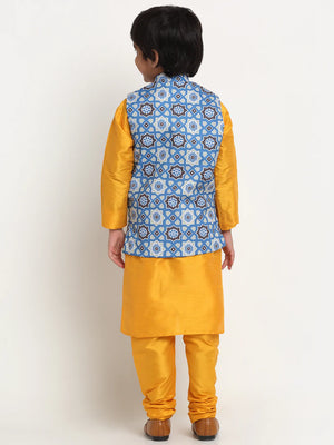 Kalyum Yellow Solid Kurta With Pyjama & Indgo Blue Printed Nehrujacket set For Boys - Distacart