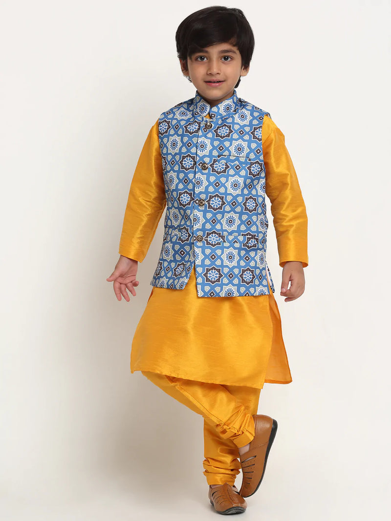 Kalyum Yellow Solid Kurta With Pyjama &amp; Indgo Blue Printed Nehrujacket set For Boys - Distacart