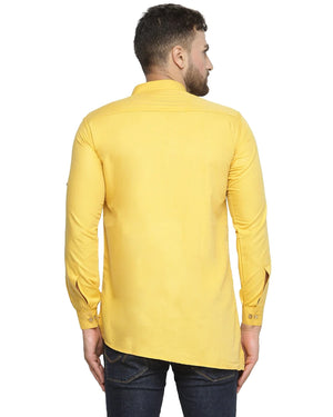 Kalyum Men's Cotton Blend Yellow Asymmetric Short Kurta - Distacart
