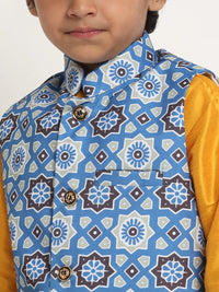 Thumbnail for Kalyum Yellow Solid Kurta With Pyjama & Indgo Blue Printed Nehrujacket set For Boys - Distacart