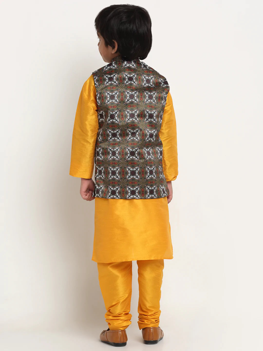 Kalyum Yellow Solid Kurta With Pyjama & Olive Green Printed Nehrujacket set For Boys - Distacart