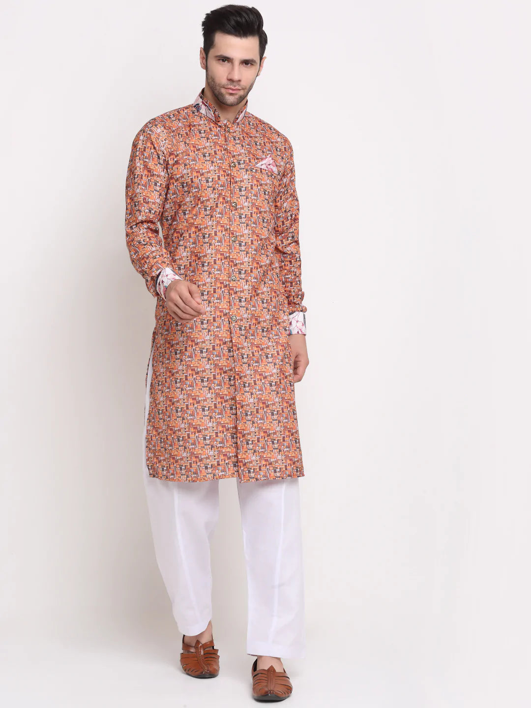 Kalyum Men's Orange & Multi Printed Kurta with White Pyjamas Set - Distacart