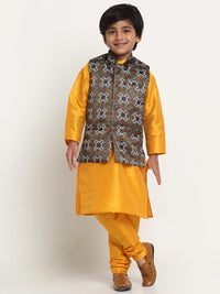 Thumbnail for Kalyum Yellow Solid Kurta With Pyjama & Olive Green Printed Nehrujacket set For Boys - Distacart