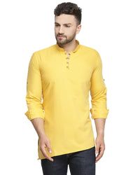 Thumbnail for Kalyum Men's Cotton Blend Yellow Asymmetric Short Kurta - Distacart