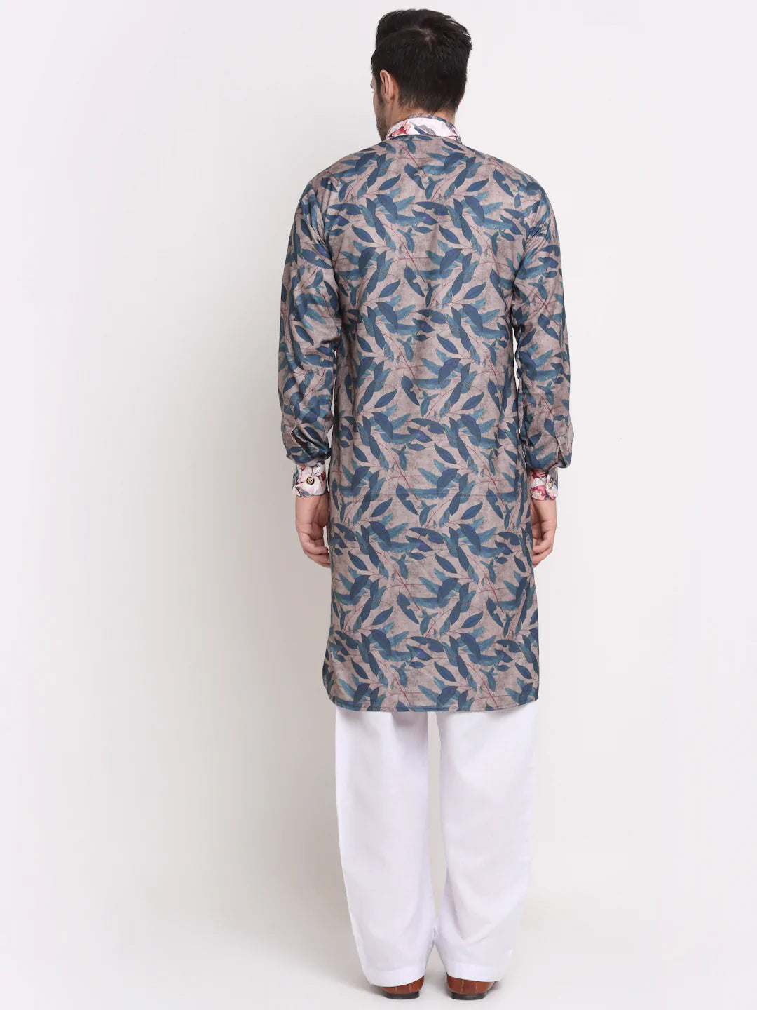 Kalyum Men's Grey & Blue Printed Kurta with White Pyjamas Set - Distacart