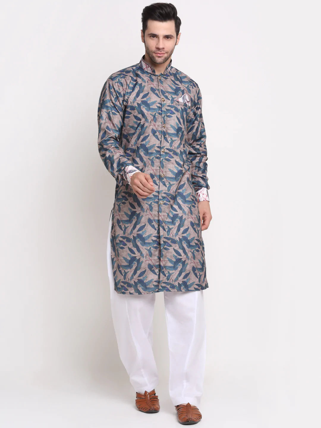 Kalyum Men's Grey & Blue Printed Kurta with White Pyjamas Set - Distacart