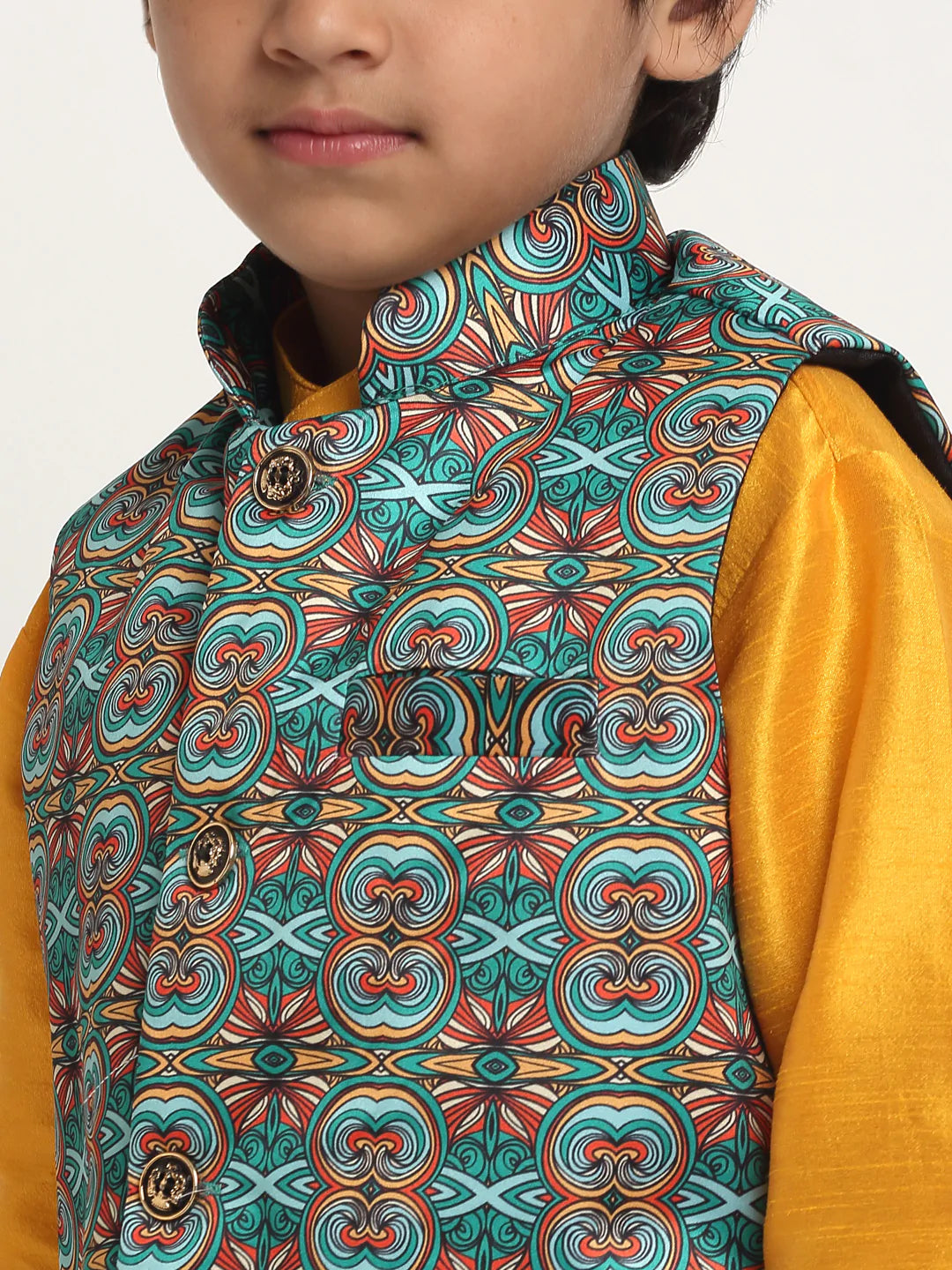 Kalyum Yellow Solid Kurta With Pyjama & Teal Printed Nehrujacket set For Boys - Distacart