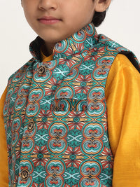 Thumbnail for Kalyum Yellow Solid Kurta With Pyjama & Teal Printed Nehrujacket set For Boys - Distacart