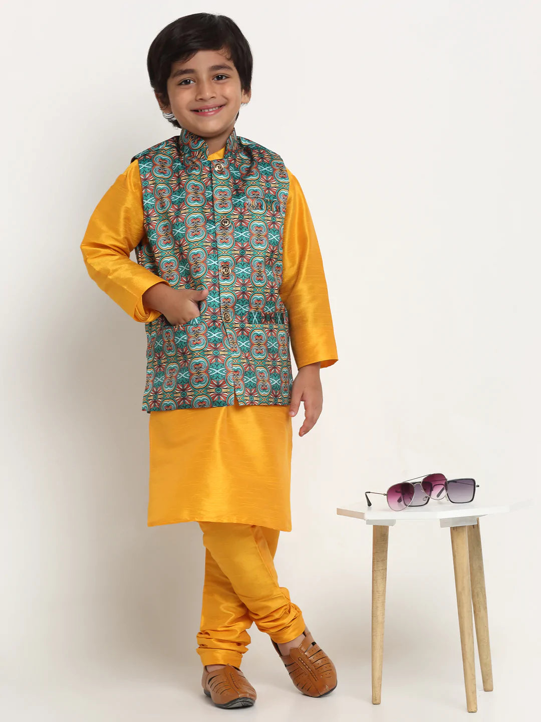 Kalyum Yellow Solid Kurta With Pyjama & Teal Printed Nehrujacket set For Boys - Distacart