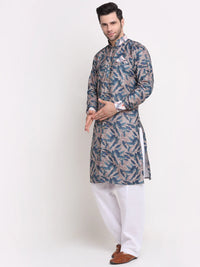 Thumbnail for Kalyum Men's Grey & Blue Printed Kurta with White Pyjamas Set - Distacart