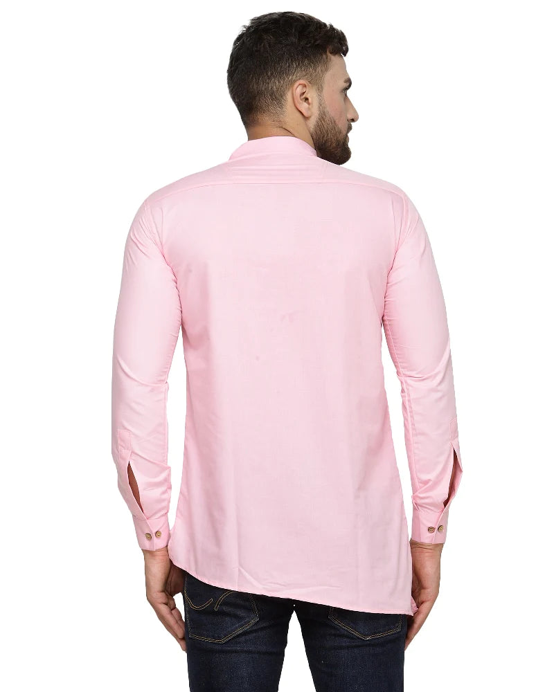 Kalyum Men's Cotton Blend Pink Asymmetric Short Kurta - Distacart
