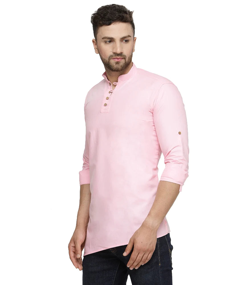 Kalyum Men's Cotton Blend Pink Asymmetric Short Kurta - Distacart