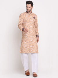 Thumbnail for Kalyum Men's Fawn & Multi Printed Kurta with White Pyjamas Set - Distacart