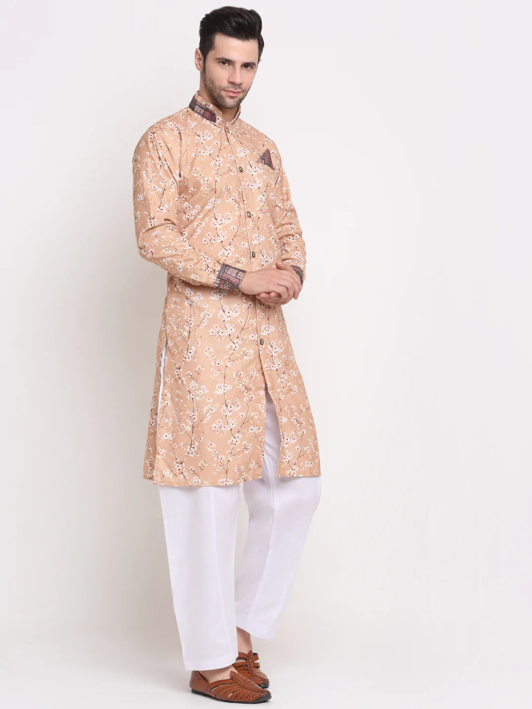 Kalyum Men's Fawn & Multi Printed Kurta with White Pyjamas Set - Distacart