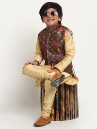 Thumbnail for Kalyum Gold Solid Kurta With Pyjama & Green Printed Nehrujacket set For Boys - Distacart