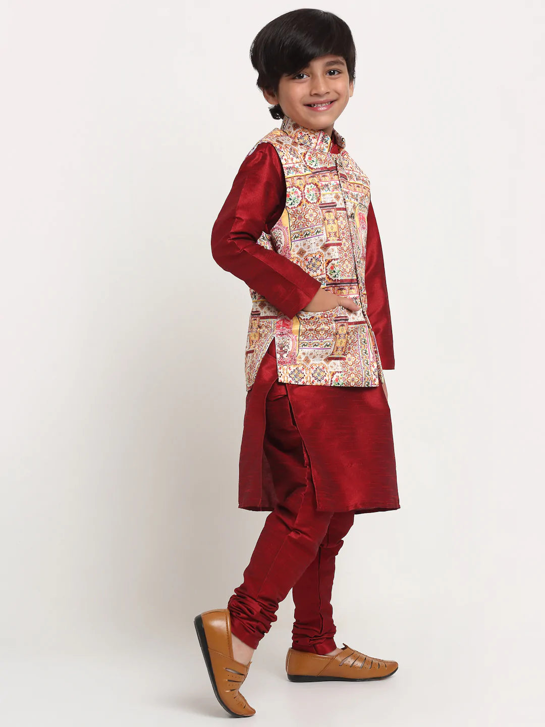 Kalyum Maroon Solid Kurta With Pyjama & Pink Printed Nehrujacket set For Boys - Distacart