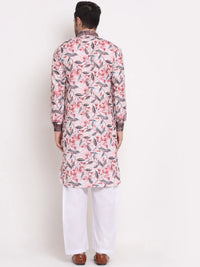 Thumbnail for Kalyum Men's White & Pink Printed Kurta with White Pyjamas Set - Distacart