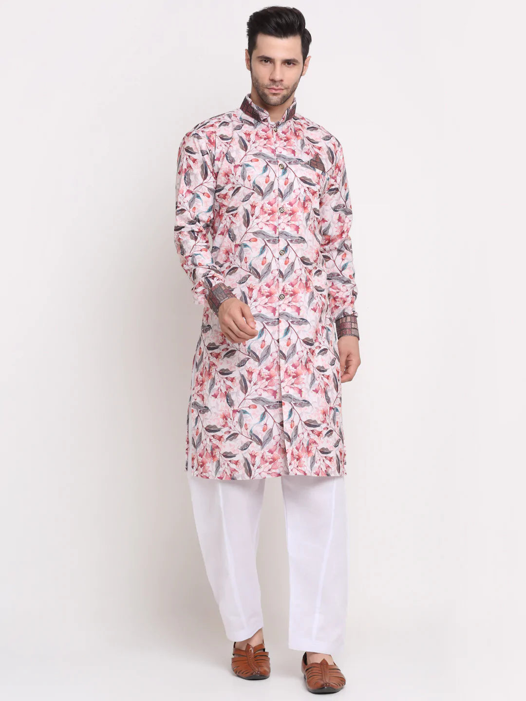 Kalyum Men's White & Pink Printed Kurta with White Pyjamas Set - Distacart