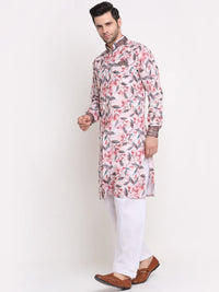 Thumbnail for Kalyum Men's White & Pink Printed Kurta with White Pyjamas Set - Distacart